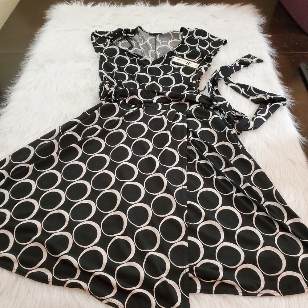 AB Studio Small Black & White Circle Print Faux Wrap Dress